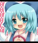  :d bad_id bad_pixiv_id blue_eyes blue_hair cirno hair_ribbon ice ice_wings open_mouth ribbon shinekalta short_hair smile solo touhou wings 
