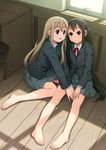  barefoot black_hair blonde_hair blue_eyes brown_eyes eyebrows feet k-on! kotobuki_tsumugi long_hair multiple_girls nakano_azusa sayousuke school_uniform twintails window 