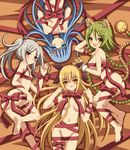  4girls animal_ears ass barefoot blonde_hair blue_eyes blue_hair blush breasts fang gloves long_hair lying multiple_girls naked_ribbon on_back open_mouth ponytail red_eyes ribbon short_twintails smile tail tiger_ears tiger_tail tonee tora_no_tsubasa twintails yellow_eyes 