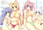  :d :o absurdres ang animal_ears arm_support ass bed_sheet bikini blonde_hair blue_eyes blush breasts cat_ears chestnut_mouth collarbone fang fox_ears fox_tail furrowed_eyebrows hair_ribbon highres holding_hands hug large_breasts lavender_hair long_hair looking_at_viewer multiple_girls navel nipples o-ring o-ring_bottom open_mouth original pink_eyes pout purple_eyes ribbon serious side-tie_bikini sitting smile sweatdrop swimsuit tail tateha_(marvelous_grace) tooth topless triangle_mouth wavy_mouth 