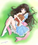  absurdres bad_id bad_pixiv_id black_hair blue_dress blue_eyes bow bowtie dress from_above highres kami-sama_no_memo-chou long_hair lying on_side pink_ribbon qiuzhi_huiyi red_bow ribbon shionji_yuuko signature solo stuffed_animal stuffed_toy teddy_bear 