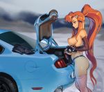  1girl arm_warmers blurry blurry_background breasts car fingerless_gloves ford gloves ground_vehicle hair_ornament large_breasts long_hair motor_vehicle nipples panties ponytail profile red_hair shorts shorts_removed signature skull_hair_ornament solo tengen_toppa_gurren_lagann thighhighs topless typo_(requiemdusk) underwear very_long_hair yoko_littner 