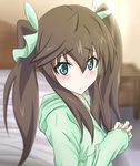  bed brown_hair eyebrows eyebrows_visible_through_hair green_eyes green_ribbon hair_between_eyes hair_ribbon hands_together highres huang_lingyin indoors infinite_stratos long_hair looking_at_viewer ribbon solo twintails upper_body wingheart 