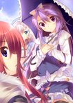  aqua_eyes blue_eyes highres karin_(rune_factory) kuwashima_rein long_hair multiple_girls purple_eyes purple_hair red_hair rune_factory rune_factory_3 sofia_jalapeno_viviage toona umbrella white_hair 