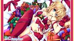  bell belt blonde_hair blue_eyes breasts cameltoe circus_(studio) cleavage copyright_name da_capo da_capo_ii dated erika_murasaki gift gloves haruka_natsuki heart highres looking_at_viewer lying medium_breasts navel on_back panties red_gloves solo striped striped_legwear thighhighs translation_request underwear white_panties 