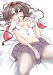  blush breasts breasts_apart colorized covering covering_crotch hair_between_eyes highres karochii looking_at_viewer lying masturbation medium_breasts messy_hair midriff mouth_hold navel no_bra noumin on_back open_clothes open_shirt shameimaru_aya shirt short_hair smile solo touhou 