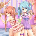  aihara_kaori album_cover bare_shoulders bed blue_eyes blue_hair blue_panties blush bow clothes_hanger collarbone cover cover_image frills highres holding lingerie long_hair looking_at_viewer momobako multiple_girls negligee original panties pink_eyes pink_hair pink_panties ribbon rojiko star thigh_ribbon twintails underwear 