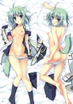  absurdres ahoge animal_ears blue_eyes blush breasts dakimakura dog_days dog_ears dog_girl dog_tail eclair_martinozzi fingerless_gloves gloves green_hair highres light_green_hair lying medium_breasts multiple_views navel nipples on_back on_side open_clothes panties panty_pull striped striped_panties tail tateha_(marvelous_grace) topless underwear underwear_only undressing 