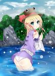  amatsuki_hotaru ass blonde_hair blue_eyes bow hair_ribbon hat highres moriya_suwako open_mouth panties ribbon short_hair sitting skirt smile solo thighhighs touhou underwear wariza water white_panties 