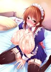  bed blush breast_hold breasts brown_eyes brown_hair dress garter_straps goban highres huge_breasts lace lace-trimmed_thighhighs long_hair looking_at_viewer lube maid maid_headdress mouth_hold nipples nose_blush original pillow sitting solo thighhighs wariza zettai_ryouiki 