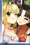  absurdres ahoge beach black_hair blonde_hair bow breasts camera cleavage fate/extra fate_(series) green_eyes highres leaf looking_at_viewer multiple_girls nero_claudius_(fate) nero_claudius_(fate)_(all) one_eye_closed open_mouth scan small_breasts swimsuit toosaka_rin twintails wada_aruko 