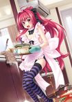  ahoge apron cooking corticarte_apa_lagranges curtains flour hair_intakes hair_ribbon highres kannatsuki_noboru knife long_hair nearly_naked_apron no_bra open_mouth oven_mitts panties pot red_eyes red_hair ribbon shinkyoku_soukai_polyphonica solo spill striped striped_panties thighhighs underwear very_long_hair wide_ponytail window 