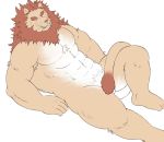 2012 anthro felid humanoid_hands lako lion lying male mammal muscular pantherine pecs simple_background solo teeth white_background 