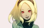  :d bare_shoulders blonde_hair collarbone dark_skin dot_pupils forehead gravity_daze hairband happy highres kitten_(gravity_daze) lips long_hair looking_at_viewer official_art open_mouth pink_background red_eyes saitou_shunsuke scarf simple_background smile solo teeth upper_body 