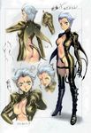  absurdres angry ass breasts character_sheet cleavage demon_tail facial_mark highres homare_(fool's_art) leather_suit looking_at_viewer medium_breasts midriff navel scan short_hair silver_hair sketch tail tongue tongue_out 