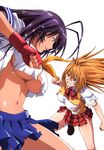  2girls absurdres ahoge amano_yoki angry antenna_hair bangs battle blonde_hair blue_eyes blue_hair bow bowtie breasts cleavage clenched_hand clenched_teeth fighting_stance fingerless_gloves fixed gloves highres ikkitousen ikkitousen_dragon_destiny ikkitousen_great_guardians kan'u_unchou kanu_unchou large_breasts loafers long_hair midriff miniskirt multiple_girls navel no_bra official_art orange_hair plaid plaid_skirt pleated_skirt purple_hair scan school_uniform seifuku shiny shiny_hair shirt shoes sideboob simple_background skirt sonsaku_hakufu sweater_vest taut_clothes taut_shirt teeth torn_clothes underboob vest 