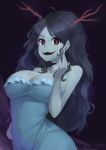  absurd_res black_hair blue_skin breasts clothed clothing dress female hair hi_res horned_humanoid humanoid lich long_hair looking_at_viewer lubella_dim momodora:_reverie_under_the_moonlight oruka0827 piercing pink_eyes smile solo standing undead 