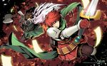  adol_christin armor artist_request axe brown_hair cape copyright_name geis_(ys) gloves green_scarf grey_eyes headband highres male_focus multiple_boys official_art pants red_hair scarf serious sword wallpaper weapon ys 