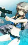  amane_suzuha belt bikini black_gloves blue_bikini braid breasts brown_hair choker cleavage collarbone dutch_angle eyebrows_visible_through_hair fingerless_gloves fingernails gloves green_eyes gun highres holding holding_gun holding_weapon huke looking_at_viewer medium_breasts nail_polish navel official_art orange_nails sharp_fingernails short_hair_with_long_locks sidelocks smile solo steins;gate stomach swimsuit twin_braids weapon 