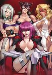  4girls areola armor artbook blue_eyes breasts brown_hair cleavage duplicate erect_nipples everyone eyeshadow facepaint fishnets fukumen_sugata_no_onna_senshi green_hair grin highres huge_breasts kagami kagami_hirotaka kariya leotard lips makeup multiple_girls muscle nipples no_bra nopan nuye oboro_(taimanin_asagi) open_clothes open_shirt power_lady purple_eyes purple_hair scan shirt short_hair skin_tight smile snake_lady stockings taimanin_asagi thighhighs underboob wrestler yellow_eyes 