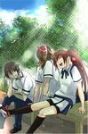  2boys bad_id bad_pixiv_id bandana brown_hair closed_eyes kawakami_kazuko kazama_shoichi long_hair maji_de_watashi_ni_koi_shinasai! multiple_boys nannnann naoe_yamato one_eye_closed open_mouth ponytail school_uniform shorts skirt 