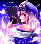  bare_shoulders bug butterfly fan folding_fan hat insect k2isu looking_at_viewer looking_back off_shoulder pink_eyes pink_hair saigyouji_yuyuko short_hair solo touhou triangular_headpiece upper_body 