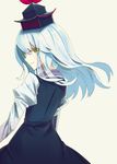  alternate_eye_color bad_id bad_pixiv_id blue_dress blue_hair dress from_behind hat highres kamishirasawa_keine long_hair long_sleeves looking_back simple_background smile solo tai0201 touhou white_background yellow_eyes 