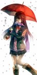  boots bow brown_hair closed_eyes holding jacket knees_touching light_smile long_hair original pleated_skirt rain scarf skirt solo standing tsukioka_tsukiho umbrella white_background 