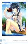  absurdres blue_hair book bottle braid breasts cameltoe cleavage copyright_request glasses highres kusakabe_rei medium_breasts no_bra open_clothes open_shirt panties reading shirt sitting soaking_feet solo striped striped_panties twin_braids underwear water water_bottle wet wet_clothes 