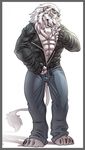  biceps big_muscles blue_eyes claws clothing eyewear feline fur gloves grin hair jacket lion looking_at_viewer male mammal mane muscles neodokuro panja pants seductive smirk solo tail undressing white_lion 