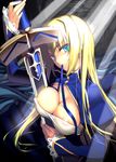  alternate_breast_size aqua_eyes areola_slip areolae artoria_pendragon_(all) blonde_hair breasts cleavage coffee_cat covered_nipples excalibur fate/zero fate_(series) hair_down long_hair medium_breasts mouth_hold ribbon ribbon_in_mouth saber sidelocks solo sword weapon 
