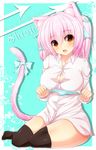  animal_ears breasts brown_eyes cat_ears cat_tail cleavage dress_shirt fang highres large_breasts original panties panties_removed pink_hair shia_flatpaddy shirt sitting solo striped striped_panties syroh tail thighhighs underwear 