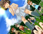  4boys bad_id bad_pixiv_id bandana black_hair brown_eyes child cloud day dress kawakami_kazuko kawakami_momoyo kazama_shoichi maji_de_watashi_ni_koi_shinasai! morooka_takuya multiple_boys multiple_girls nannnann naoe_yamato open_mouth shimazu_gakuto short_hair shorts side_ponytail sky sun younger 