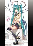  :d aqua_eyes aqua_hair bad_id bad_pixiv_id boots hands_on_lap hatsune_miku highres karube_ponzu long_hair midriff musical_note open_mouth sitting skirt smile solo thigh_boots thighhighs twintails very_long_hair vocaloid 