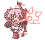  :d bow_(weapon) bubble_skirt chibi dress fusion gundam gundam_age gundam_age-1 gundam_age-1_titus kaname_madoka lowres magical_girl mahou_shoujo_madoka_magica mecha_musume mechanical_arms mechanical_legs one_eye_closed onmitsu_doushin_a open_mouth pink_hair red_eyes short_twintails simple_background skirt smile solo standing twintails weapon white_background 