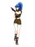  90s blue_hair boots earrings fighting_stance gloves jewelry leona_heidern long_hair loose_socks midriff military mori_toshiaki official_art ponytail shorts sleeves_rolled_up socks solo the_king_of_fighters the_king_of_fighters_'98 vest 