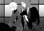  adjusting_clothes berserker_(fate/zero) fate/zero fate_(series) fu_yukari greyscale japanese_clothes kimono lancelot_(fate/zero) long_hair male_focus matou_kariya monochrome multiple_boys 