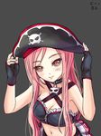  bare_shoulders bingsang breasts cleavage collar fingerless_gloves frills gloves hat long_hair lucia_(pangya) medium_breasts midriff navel pangya pink_eyes pink_hair pirate_hat simple_background skirt skull_and_crossbones smile solo very_long_hair zipper 