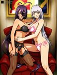  2girls absurdres antenna_hair black_panties blush bra breasts chair chouun_shiryuu cleavage garter_belt green_eyes hair_over_one_eye hand_on_head highres ikkitousen ikkitousen_dragon_destiny ikkitousen_great_guardians ikkitousen_shining_dragon ikkitousen~shining_dragon~ kan'u_unchou kanu_unchou large_breasts legs lingerie long_hair long_legs multiple_girls panties pantsu pink_panties purple_hair side-tie_panties silver_hair stockings thighhighs underwear very_long_hair yuri 