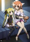  absurdres animal_ears arf arm_support bandages black_legwear black_ribbon blonde_hair blue_eyes breasts brown_hair cleavage fate_testarossa fox_ears fox_tail full_body gloves gloves_removed hair_ribbon highres indoors long_hair lyrical_nanoha mahou_shoujo_lyrical_nanoha medium_breasts multiple_girls navel official_art open_mouth pleated_skirt ribbon scratches skirt tail thighhighs torn_clothes torn_legwear twintails white_skirt 