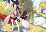  absurdres animal_ear_fluff animal_ears bare_legs black_hair dango eating flower food hair_flower hair_ornament highres huge_filesize japanese_clothes kuromitsu_nene long_hair looking_at_viewer original petticoat poco_(asahi_age) sandals scan skirt solo standing tabi tail wagashi water_wheel yellow_eyes 