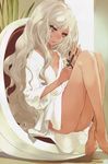  absurdres barefoot bathrobe chair feet grey_eyes grey_hair highres knees_up legs legs_folded legs_up long_hair nail_file no_bra no_panties okazaki_takeshi open_clothes open_shirt original shirt sitting solo wavy_hair 