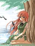  against_tree artist_request bangs braid china_dress chinese_clothes dress hat hat_removed headwear_removed holding holding_hat hong_meiling long_hair lowres red_hair seiza sitting solo touhou tree 