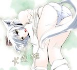  animal_ears ass bare_shoulders bent_over blush detached_sleeves gisyo hat inubashiri_momiji kneepits no_pants panties short_hair solo tail tokin_hat touhou underwear white_hair wolf_ears wolf_tail yellow_eyes 