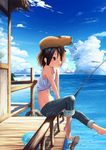  animal animal_on_head barefoot black_hair brown_eyes capybara cloud day denim fishing fishing_rod holding holding_fishing_rod jeans midriff object_on_head ocean on_head original outdoors pants sandals shoe_dangle short_hair sitting sky solo tank_top yonasawa 