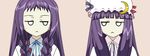  :&lt; ayase_yue crescent crossover empty_eyes eye_contact hat jitome look-alike looking_at_another mahou_sensei_negima! multiple_girls neck_ribbon no_nose patchouli_knowledge purple_hair ribbon simple_background touhou 