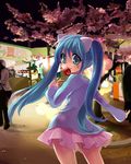  animal_ears bad_id bad_pixiv_id blue_hair candy_apple casual cat_ears festival food hatsune_miku kobanzame long_hair looking_back smile solo twintails vocaloid whiskers younger 