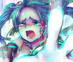  aqua_hair binary collared_shirt colored_eyelashes crying crying_with_eyes_open detached_sleeves digital_dissolve dissolving face floating_hair grey_shirt hair_ornament hashimochi hatsune_miku hatsune_miku_no_shoushitsu_(vocaloid) long_hair necktie number open_mouth outstretched_arms palms reaching shirt solo tears twintails upper_body vocaloid 