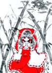  bamboo bamboo_forest black_hair detached_sleeves forest hair_ribbon hair_tubes hakurei_reimu lipstick makeup miri_(tobira_no_mukou) monochrome nature red_eyes red_lipstick ribbon simple_background solo spot_color touhou 