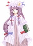  bangs blunt_bangs blush book cowboy_shot crescent dress frills hat long_hair looking_at_viewer mob_cap patchouli_knowledge purple_eyes purple_hair shiratama_(mofutto) smile solo standing striped touhou vertical_stripes very_long_hair white_dress 